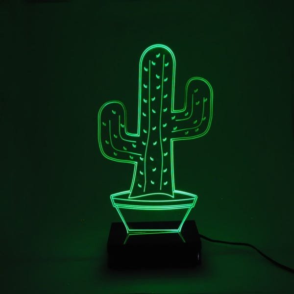 Abajur e Luminária Cacto de Acrílico com LED Verde