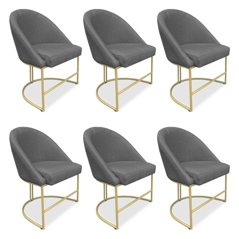 Kit 06 Cadeiras Poltrona de Jantar Bela Linho Grafite Base Metálica Industrial Dourado - Pallazio