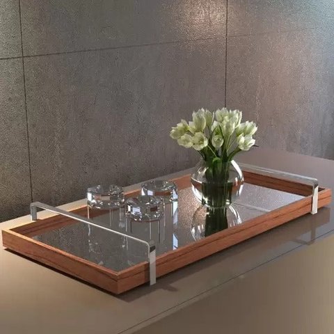 Bandeja Espelhada Decorativa Madeira com Alça e Espelhada:natural Cinamomo/bronze