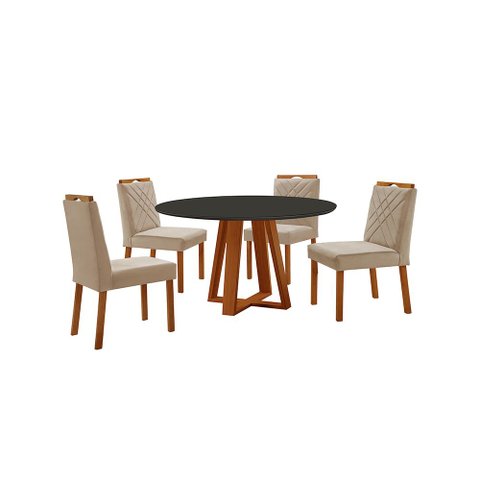 Conjunto Sala de Jantar Mesa Floripa 110cm Tampo Redondo Vidro/mdf Preto com 4 Cadeiras Dallas com P