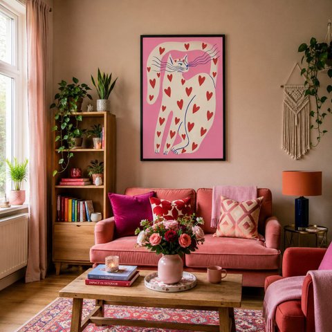 Quadro Canvas Gato Estilizado Pink 60X40cm Mold Preta