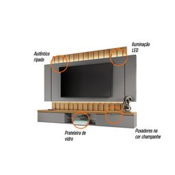 Painel Suspenso 2,20m Ilusion com Led para TV 70" Cor Cinza e Freijó HB Móveis - 2 Painel Suspenso 2,20m Ilusion com Led para TV 70" Cor Cinza e Freijó HB Móveis - 2