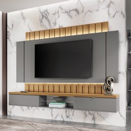 Painel Suspenso 2,20m Ilusion com Led para TV 70" Cor Cinza e Freijó HB Móveis - 1 Painel Suspenso 2,20m Ilusion com Led para TV 70" Cor Cinza e Freijó HB Móveis - 1