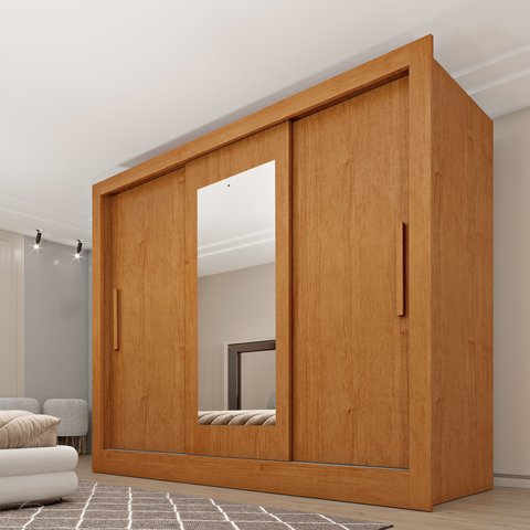 Guarda Roupa Casal 3 Portas Taiffa 190cm com Espelho Yescasa Marrom/Cinamomo/Off White
