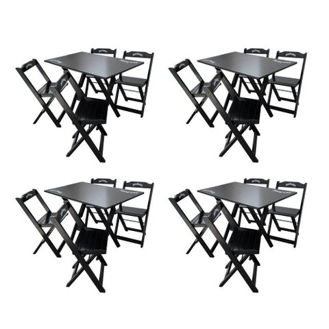Kit 4 Conjuntos Mesa Dobrável Madeira 110x70 com 4 Cadeiras Personalizada Jack Preta - Cor: Preto