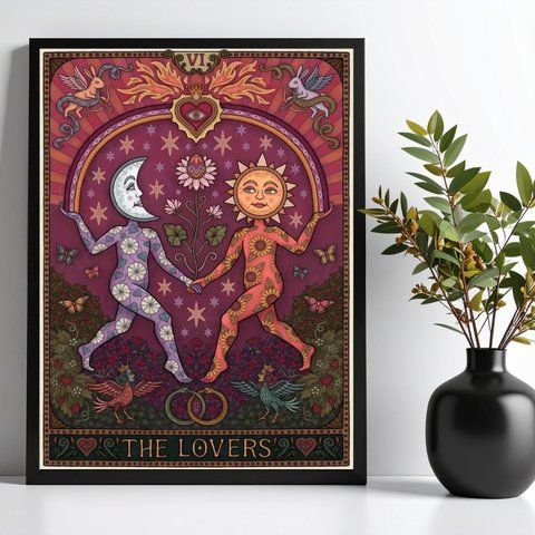 Quadro Carta Tarot The Lovers - Lua e Sol 33x24cm:moldura Preta