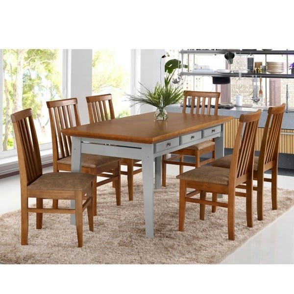 Conjunto De Mesa Madeira Maciça Com 6 Cadeiras União - Mel