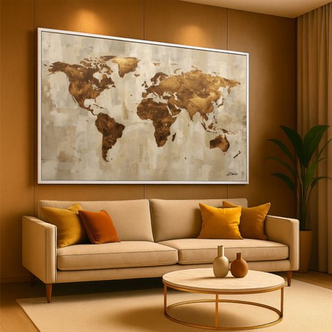 Quadro Mapa Mundi Linho e Bronze Moderno 123x83 Cm