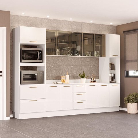 Cozinha Amara Aéreos de Vidro Torre Quente Paneleiro Balcões c/ Tampo Rodapé Branco 250774