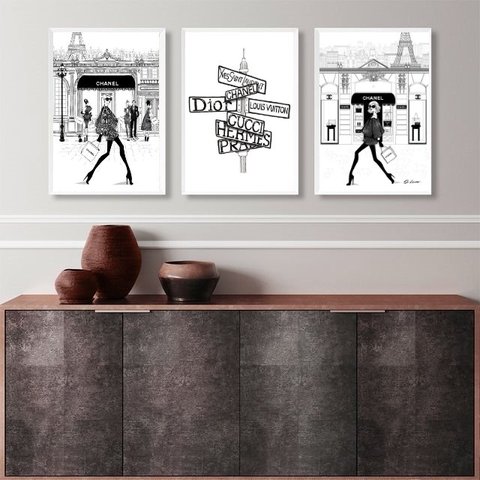 Kit 3 Quadros Decorativos Mulheres Moda Fashion- Placas 33x24cm:madeira Branca