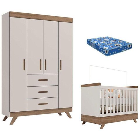 Berço Americano Vitória e Guarda Roupa Infantil Retrô Maya Off White Carvalho com Colchão