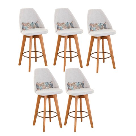 Kit 05 Banquetas Alta Maya Giratória Com Encosto Gourmet Linho Bege e Almofada Folhas - Gat