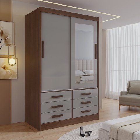Guarda-Roupa 2 Portas de Correr com Espelho e 6 Gavetas Meridian Gold Castanho