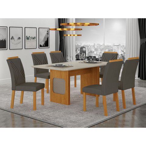 Conjunto Sala de Jantar Lara 1,80m com 6 Cadeiras Clara Plus Cinamomo/Off White/Joli Chumbo