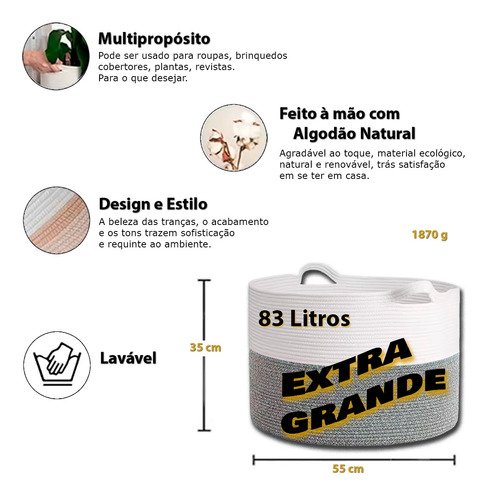 Cesto Algodão Alça Organizador Redondo Extra Grande Decoração Boho - 5