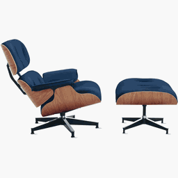 Poltrona Charles Eames com Banqueta Madeira Freijó em Couro Legítimo Azul - 1