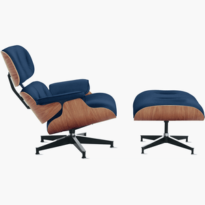 Poltrona Charles Eames com Banqueta Madeira Freijó em Couro Legítimo Azul