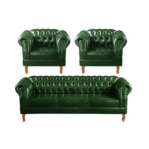 Kit Sofá Dom Pedro Chesterfield 3 Lugares + 2 Poltronas Decoração Sala Receção - Couríssimo Verde