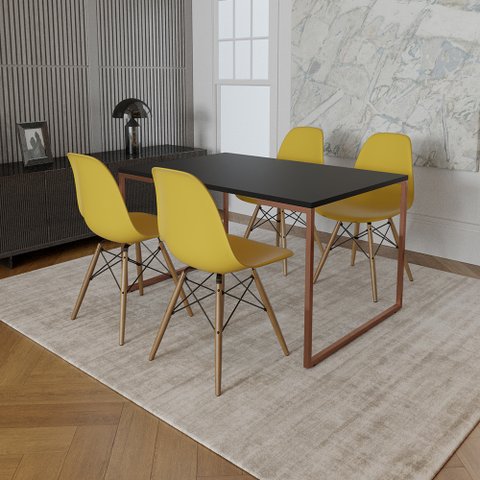 Mesa Industrial Base Ferro Cobre 137x90 Tampo Preto 4 Cadeiras Eiffel Madeira Assento Amarelo