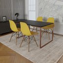 Ver imagem 1 de Mesa Industrial Base Ferro Cobre 137x90 Tampo Preto 4 Cadeiras Eiffel Madeira Assento Amarelo