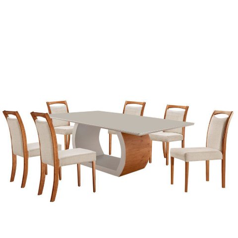 Mesa Ellis 180cm Tampo com Vidro Laqueado com 6 Cadeiras Munique