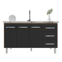 Ver imagem 4 de Balcão Armário Cozinha Gabinete Pia de 140 Cm Carine com 3 Portas e 3 Gavetas Savana Preto