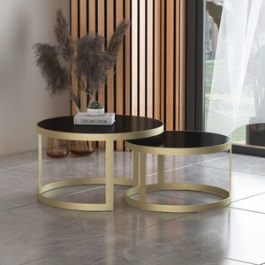 Conjunto Mesa de Centro Aço Carbono Base Dourada Arkadina Tampo Pintado de Vidro Preto
