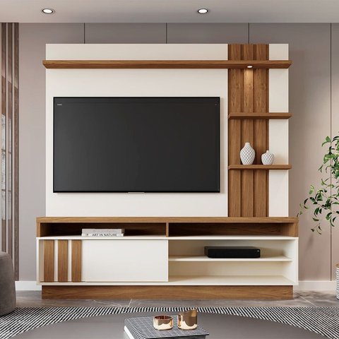 Estante e Home Theater Ripado para TV até 55 Polegadas com 180cmx184cm Led Mariana Bege Off White/Amendoa