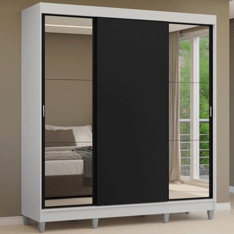 Guarda-roupa Casal com Pés 3 Portas de Correr com Espelhos Branco Preto Reno Madesa