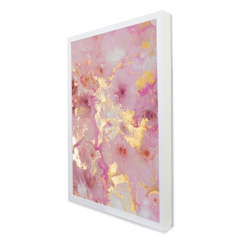 Quadro Decorativo Caixa Alta com Vidro Abstrato Mármore Rose Gold TaColado Moldura Branca 90 x 60cm