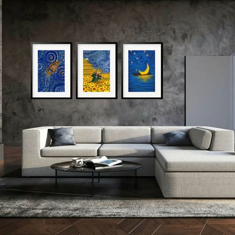 Kit 3 Quadros Grandes Van Gogh Releitura Collection 60x48cm:moldura Preta