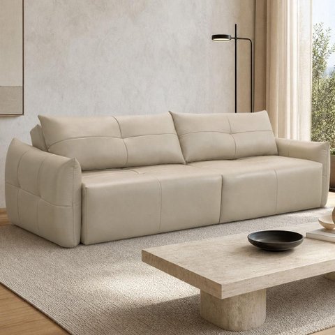 Sofá 3 Lugares Retrátil Reclinável 240cm Moris L06 Couro Bege Areia - Lyam Decor