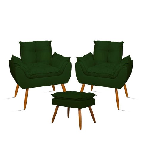 Kit Luxo 02 Poltronas Amamentação Suede + 1 Puff Pés Palito Cor:verde