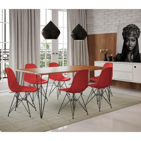 Conjunto De Mesa Clips De Ferro Preto Tampo Amêndoa 135X75 6 Cadeiras Preta Assento Vermelho