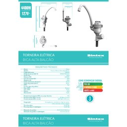 Torneira Elétrica Bica Alta Bancada 127v 4400w Teb144 Sintex - 8 Torneira Elétrica Bica Alta Bancada 127v 4400w Teb144 Sintex - 8