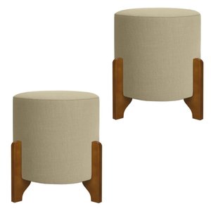 Conjunto 2 Puff Redondo com Pés em Madeira 45x35cm Tecido Cor Palha Bege