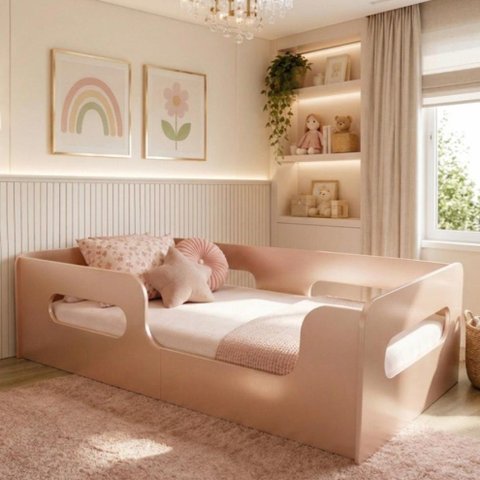 Cama Montessoriana Juvenil Encanto 100% MDF Grade Proteção Rosê
