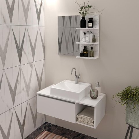 Kit Balcão Branco e Espelheira Mármore Branco - Tecno