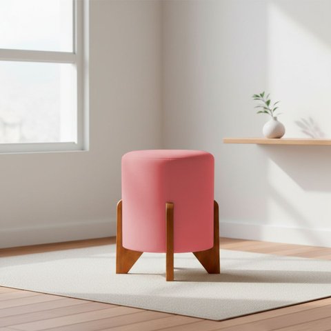 Puff Decorativo Eloah Redondo Assento Extra para Sala Quarto Suede Pufe com Pés de Madeira