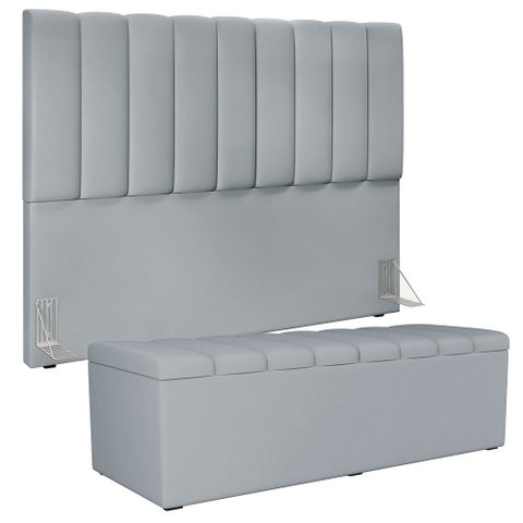 Kit Cabeceira Cama Box Casal King 195cm com Calçadeira Baú Dália W01 Suede Cinza - Lyam Lyam Decor