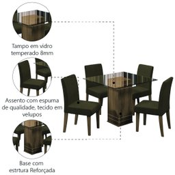 Conjunto de Mesa Sala de Jantar com Tampo de Vidro 1m Onix 4 Cadeiras Trieste Cedro / Castor Dobuê - 5