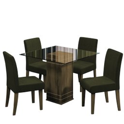 Conjunto de Mesa Sala de Jantar com Tampo de Vidro 1m Onix 4 Cadeiras Trieste Cedro / Castor Dobuê - 1
