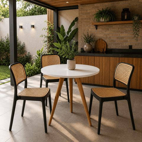 Conjunto Mesa de Jantar Redonda 70cm com 3 Cadeiras Mônaco Rattan - Preto e Nude
