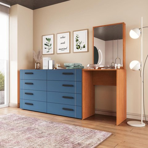 Cômoda Penteadeira Lisboa 8 Gavetas com Espelho 209x160cm Azul/Freijó 250798