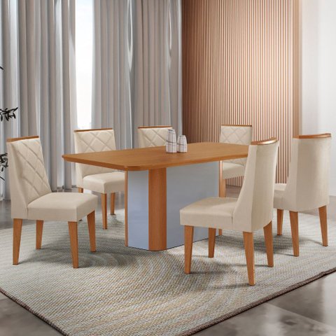 Mesa de Jantar Isadora 180cm Tampo Mdf Laminado Canto Copo com 6 Cadeiras Isadora Moderna Mobília