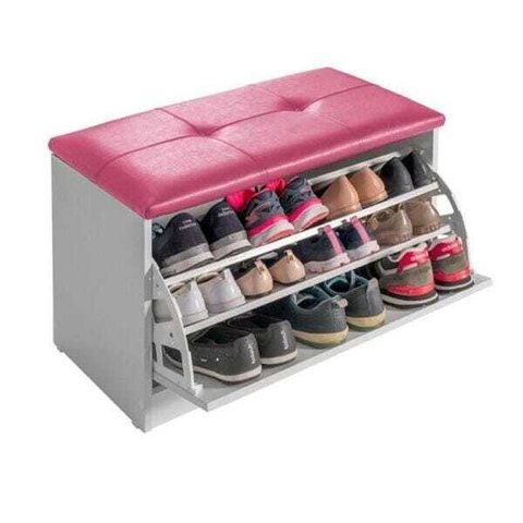 Sapateira Puff Bau Cama Multiuso Luxo até 12 Pares Branco/Estofado Rosa