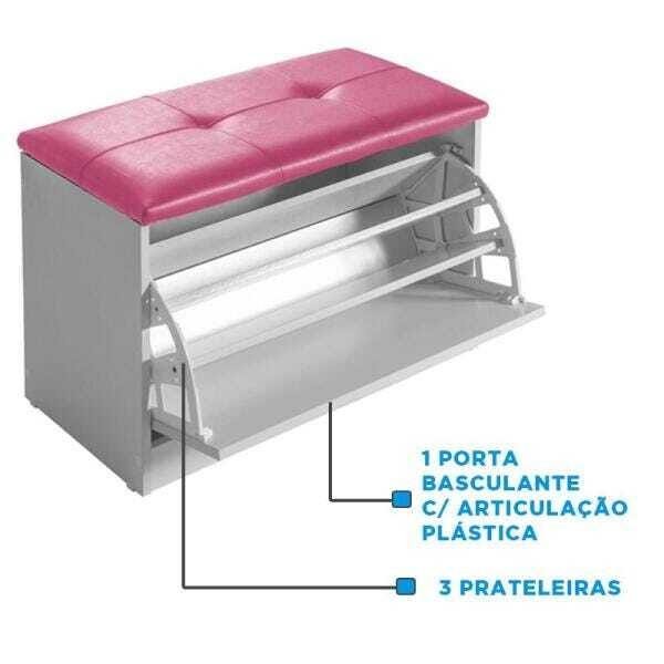 Sapateira Puff Bau Cama Versatile Premium Luxo Até 12 Pares Branco - Estofado Rosa - 4