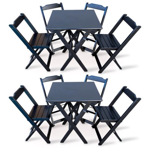 Kit 2 Conjuntos de Mesa Dobrável com 4 Cadeiras Dobráveis de Madeira 70x70cm Preto - Tarimatã