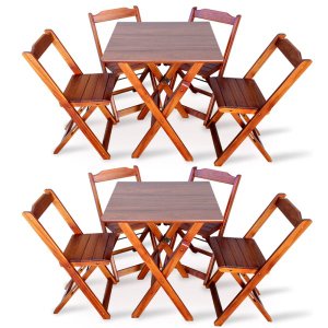 Kit 2 Jogos de Mesa Dobrável com 4 Cadeiras Dobráveis de Madeira 70x70 Cm Imbuia -