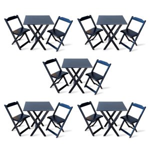 Kit de 5 Conjuntos de Mesa Dobrável 70x70 com 2 Cadeiras Preto - Tarimatã